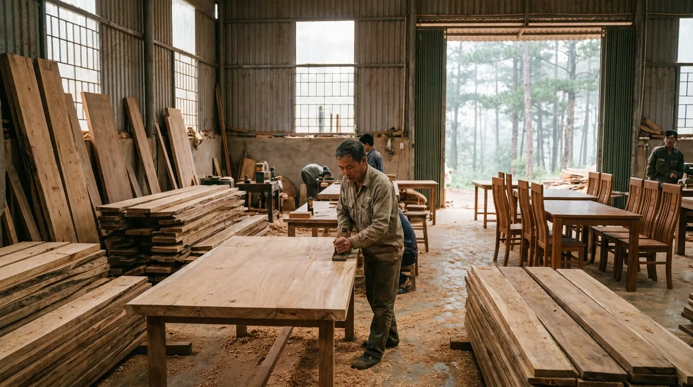 Main hall of the TVN Furniture workshop in Da Lat