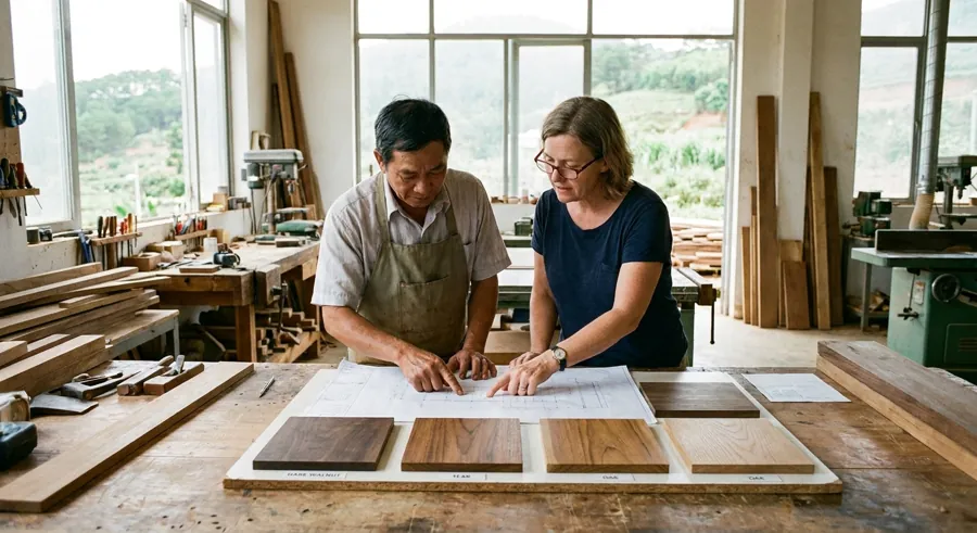 Reviewing a custom furniture drawing at the TVN workshop