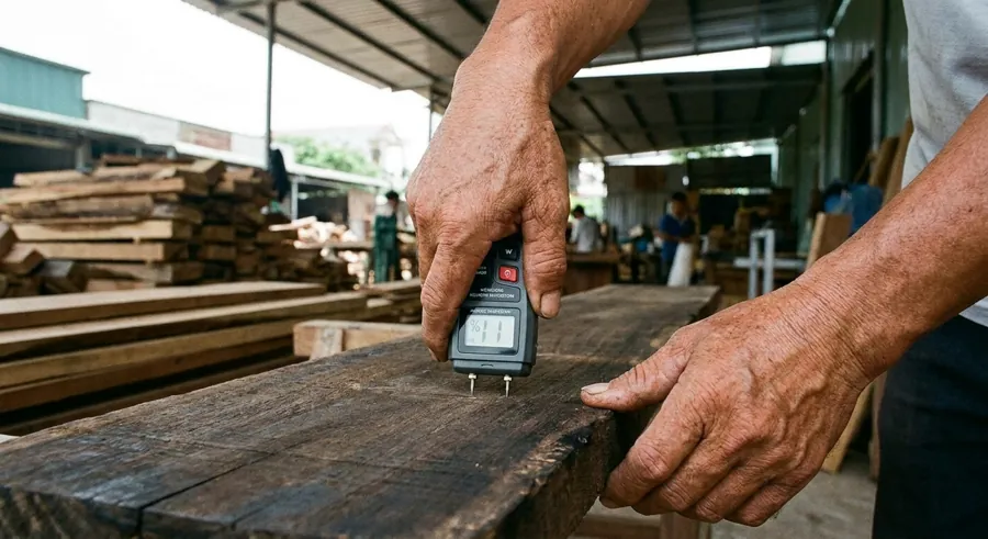 Moisture check on kiln-dried acacia boards at TVN Furniture